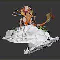 Fantasy Orange White Striped Character With Green Plants Red Ribbons On White Platform