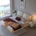 Double Bed With White Headboard Brown Blanket Pink Pillows Framed Painting Sunlight And Sea View