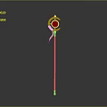Shiny Golden Weapon with Red Long Handle and Ornate Circular Decorative Head