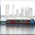 Container Ship With Colorful Containers Sailing On River Near City Skyline