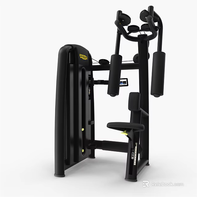 Black Seated Chest Press Fitness Machine With Ergonomic Armrests And Yellow Accents 3d model 