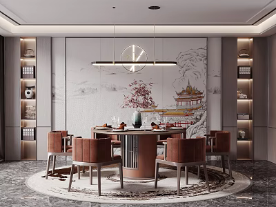 Chinese Style Restaurant Interior With Round Dining Table And Wooden Chairs 3d model