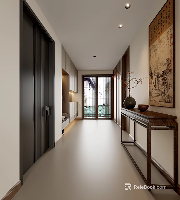 Modern Chinese Entryway Hallway Design With Lattice Partition And Wooden Console Table 3d model 