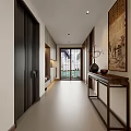 Modern Chinese Entryway Hallway Design With Lattice Partition And Wooden Console Table