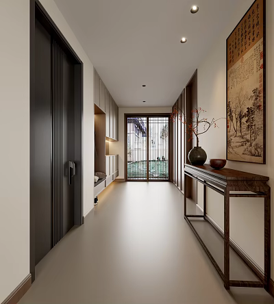 Modern Chinese Entryway Hallway Design With Lattice Partition And Wooden Console Table 3d model