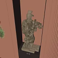 Geometric Cube Block Terracotta Warrior Sculpture Carving With Pink Vertical Stripe Background And Display Cabinet