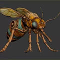 Mechanical Insect Featuring Orange Green Body Transparent Wings Long Slender Legs Intricate Design