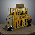 Yellow Storage Cage Structure With Multi Layer Gas Cylinders And Cardboard Boxes
