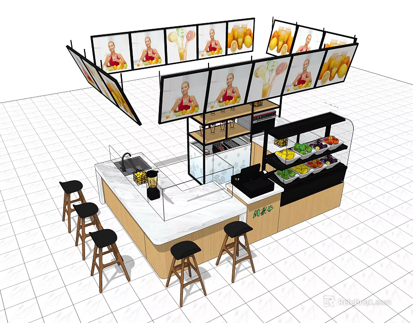Modern Milk Tea Shop Interior With Display Counter Bar Stools And Drink Screens 3d model 