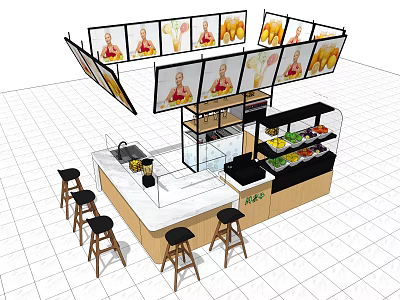 Modern Milk Tea Shop Interior With Display Counter Bar Stools And Drink Screens 3d model