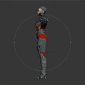 Futuristic Cyborg Character In Red Silver Armor With Extended Arms And Mechanical Design