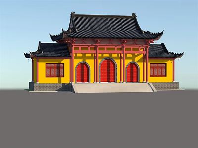 Traditional Ancient Chinese Building With Yellow Walls Red Doors And Black Roof 3d model