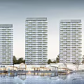 Modern Commercial Street With High Rise Residential Towers Waterfront and Trees