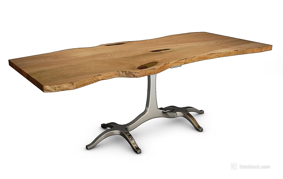 Wooden Dining Table with Metal Base Modern Design Natural Wood Grain and Four Legged Stand 3d model 
