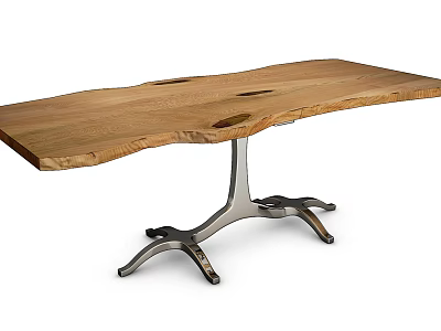 Wooden Dining Table with Metal Base Modern Design Natural Wood Grain and Four Legged Stand 3d model