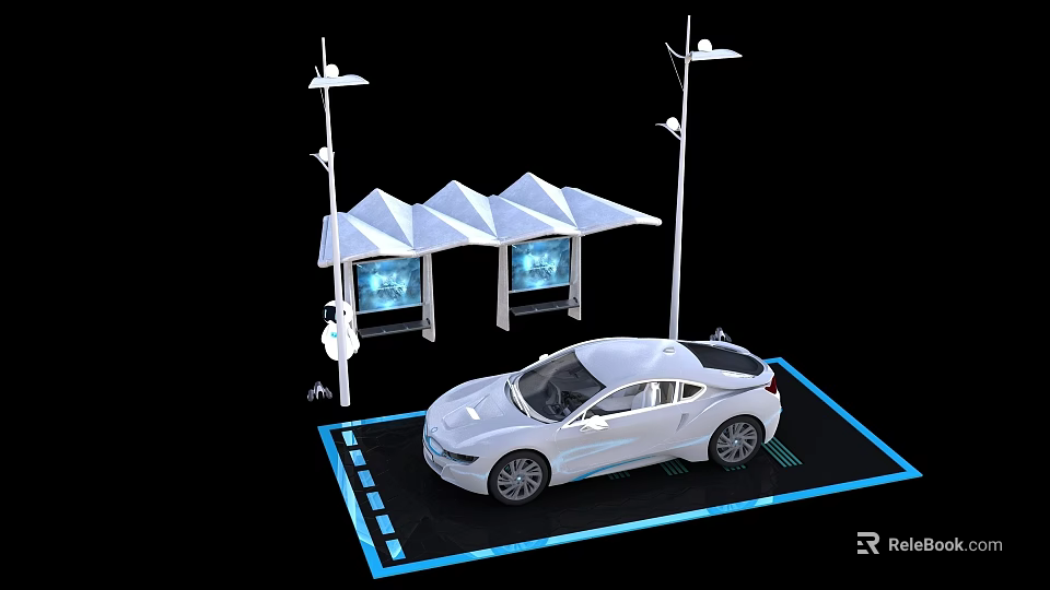 Electric Vehicle Charging Station With White Car Parked Under Canopies And Screens 3d model 