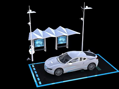 Electric Vehicle Charging Station With White Car Parked Under Canopies And Screens 3d model