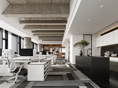Modern Public Office Space With Open Layout White Desks Computers Chairs Green Plants And Windows 3d model