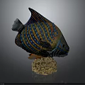 Vibrant Colorful Fish Sculpture With Blue Yellow Orange Stripes On Honeycomb Base
