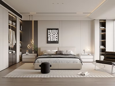 Modern Bedroom Interior Design With Bedside Tables Area Rug And Decorative Painting 3d model