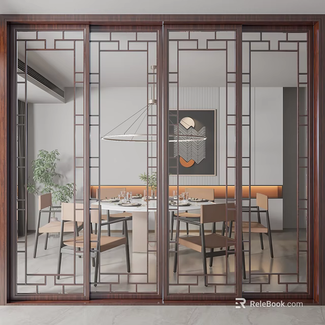 Sliding Doors With Wooden Frame And Glass In Modern Chinese Dining Room Interior Design 3d model 