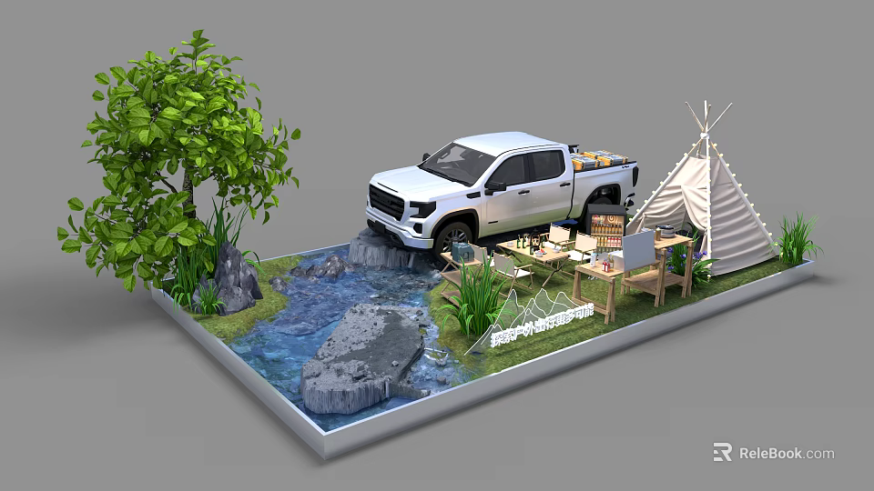 White Pickup Truck With Tepee Tent Small Stream Green Trees And Wooden Furniture Model Scene 3d model 