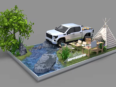 White Pickup Truck With Tepee Tent Small Stream Green Trees And Wooden Furniture Model Scene 3d model