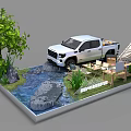 White Pickup Truck With Tepee Tent Small Stream Green Trees And Wooden Furniture Model Scene