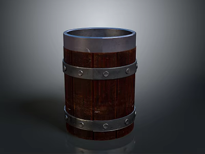 Wooden Bucket With Metal Hoops And Silver Top As Practical Household Item 3d model