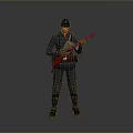 Militant Character In Dark Uniform With Red Gear Holding Rifle On Gray Background