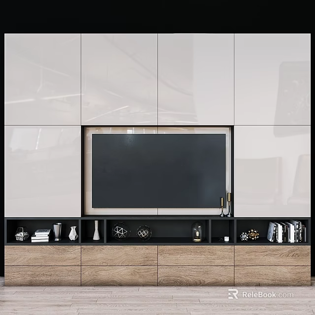 Modern TV Wall Design With White Panels Black Screen Wooden Base And Decorative Items 3d model 