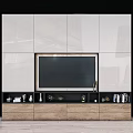 Modern TV Wall Design With White Panels Black Screen Wooden Base And Decorative Items