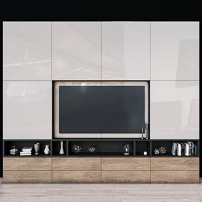 Modern TV Wall Design With White Panels Black Screen Wooden Base And Decorative Items 3d model