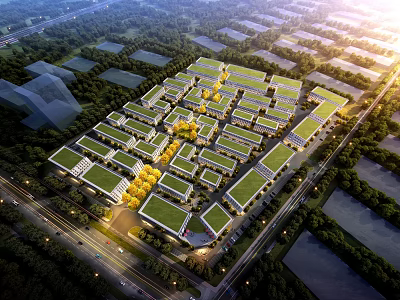 Aerial Planning of Modern Residential Community With Green Roofs Roads and Central Greenery 3d model