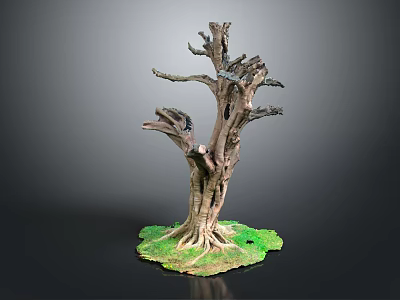 Dead Tree With Exposed Roots And Green Grass On Gray Background 3d model