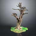 Dead Tree With Exposed Roots And Green Grass On Gray Background