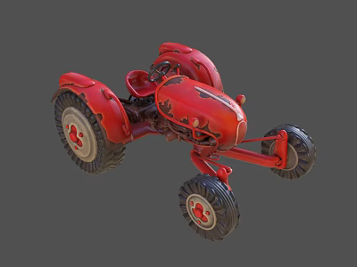 Red Vintage Functional Tractor With Black Tires And Four Wheels Design 3d model