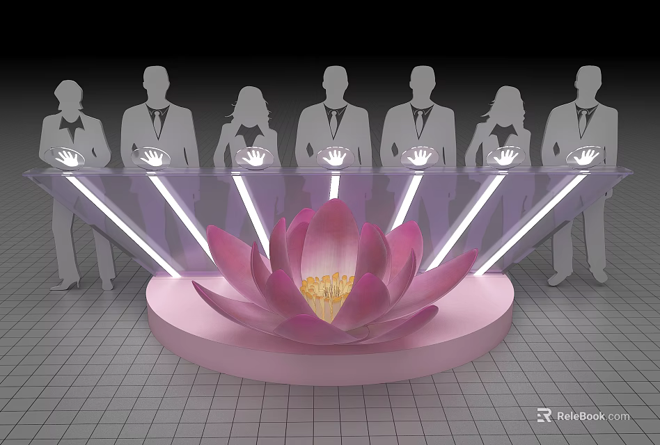 Pink Lotus Shaped Launch Device With Glowing Light Strips And Participants In Ceremony 3d model 