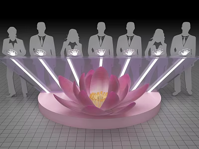 Pink Lotus Shaped Launch Device With Glowing Light Strips And Participants In Ceremony 3d model