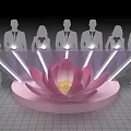 Pink Lotus Shaped Launch Device With Glowing Light Strips And Participants In Ceremony