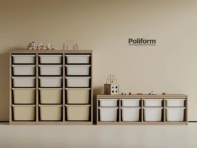 Modern Tall And Low Storage Cabinets In Beige White With Multiple Drawers By Poliform 3d model