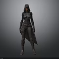 Woman In Black Hooded Fitted Outfit With Long Boots And Cloak Design