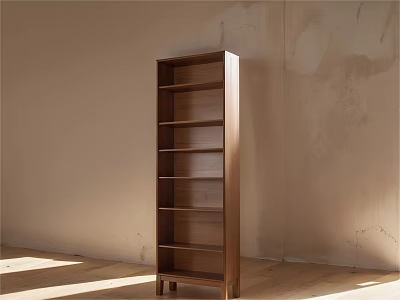 Wooden Bookcase With Multiple Shelves In Minimalist Room With Natural Light 3d model
