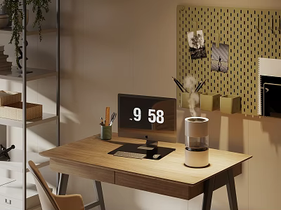 Modern Home Office Desk Setup With Digital Clock And Humidifier Green Plants And Storage Shelves 3d model