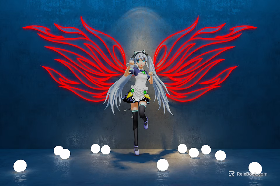Game Movie Character with Silver White Long Hair Red Wings Blue Background White Round Lights 3d model 