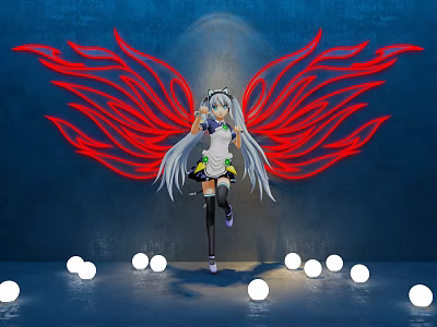 Game Movie Character with Silver White Long Hair Red Wings Blue Background White Round Lights 3d model