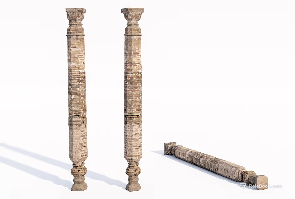 Ancient Carved Stone Columns Standing And Fallen Isolated On White Background 3d model 