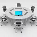 Round White Conference Table With Laptop On Top And Black White Office Chairs With Wheels