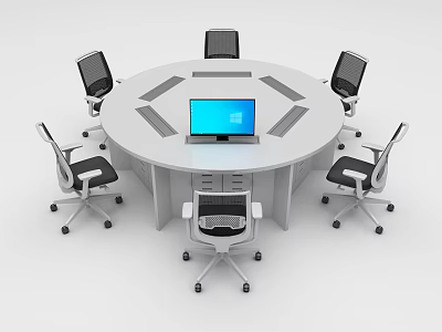 Round White Conference Table With Laptop On Top And Black White Office Chairs With Wheels 3d model