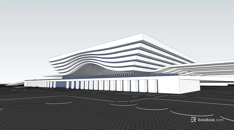 Modern Architectural Design With Wavy Roof Multi Layered Structure And Circular Plaza Ground 3d model 